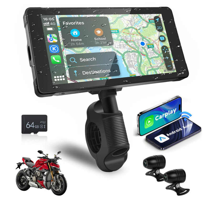 MKT33 rejestrator motocyklowy - CarPlay, Android Auto i 2 kamery Full HD
