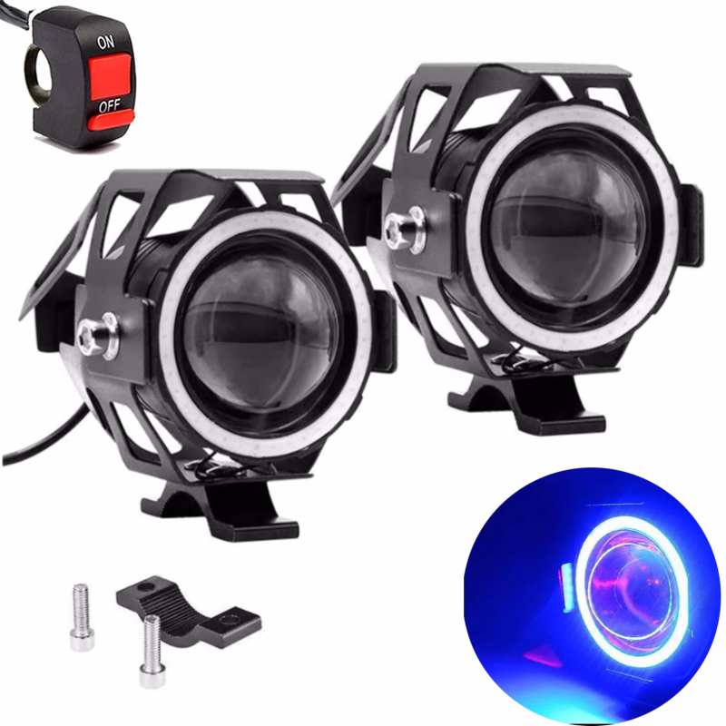 Halogeny motocyklowe LED U7 CREE komplet 2szt czarne niebieski ring 3000LM