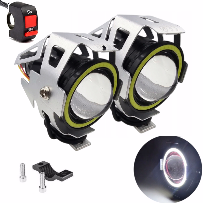 Halogeny motocyklowe LED U7 CREE komplet 2szt srebrne biały ring 3000LM