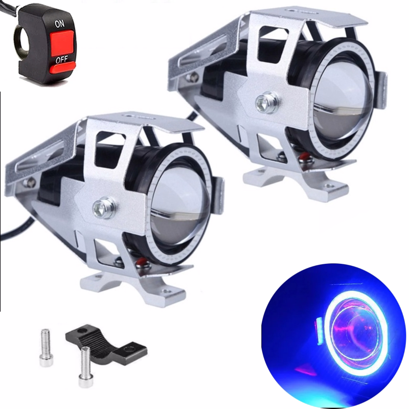 Halogeny motocyklowe LED U7 CREE komplet 2szt srebrne niebieski ring 3000LM