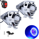 Halogeny motocyklowe LED U7 CREE komplet 2szt srebrne niebieski ring 3000LM